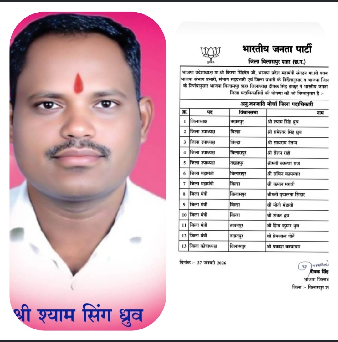 बिलासपुर भाजपा अनु. जनजाति मोर्चा जिला पदाधिकारियों की धोषणा